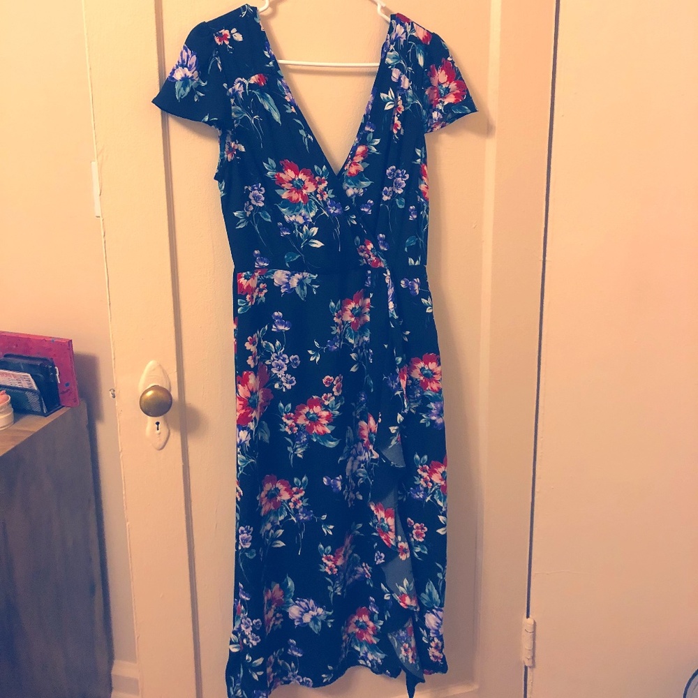 Black Floral Print Midi Dress